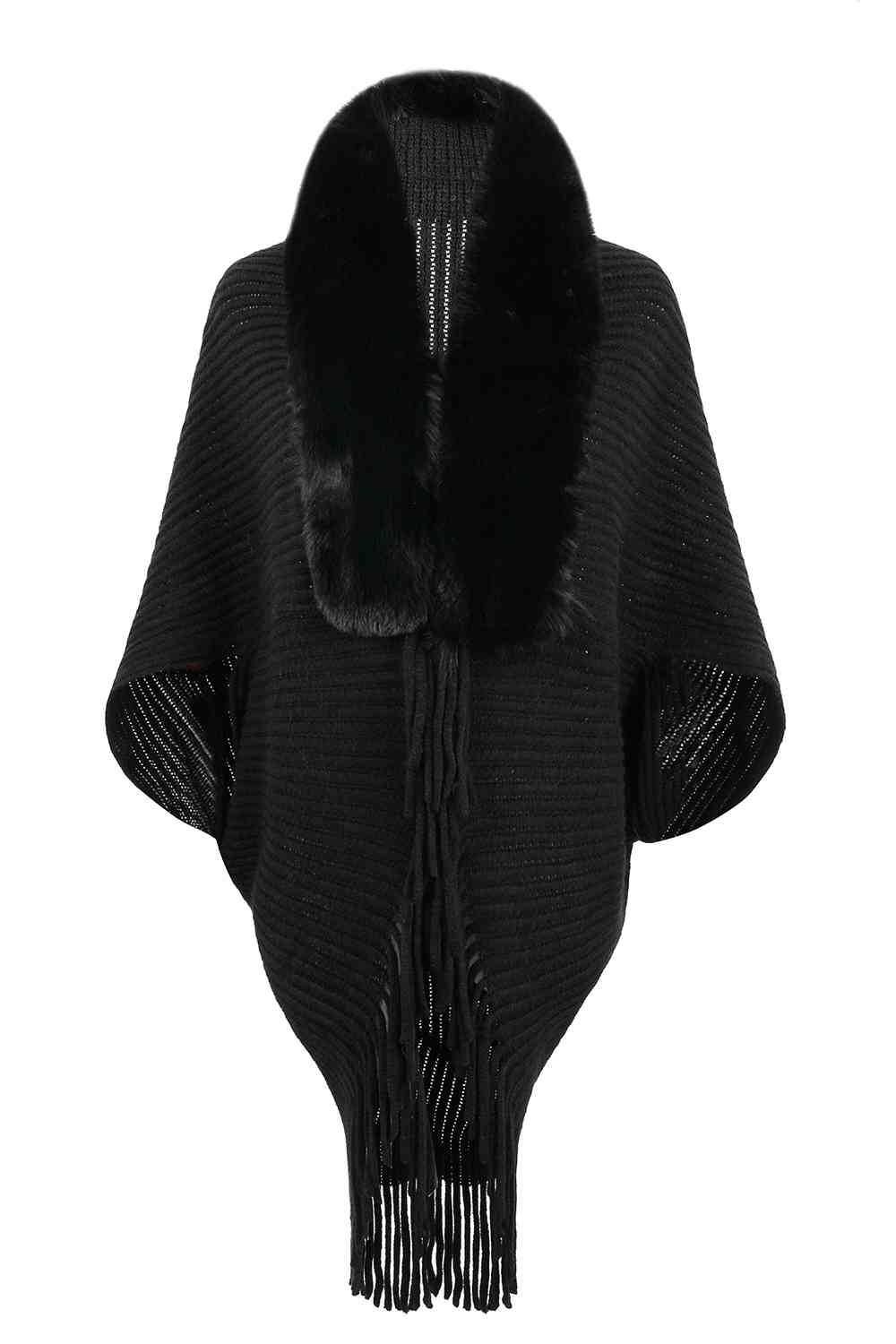 Black open front poncho with fringe and faux fur trim
