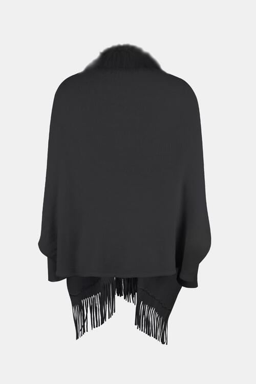 Back of fur trimmed open front poncho in black