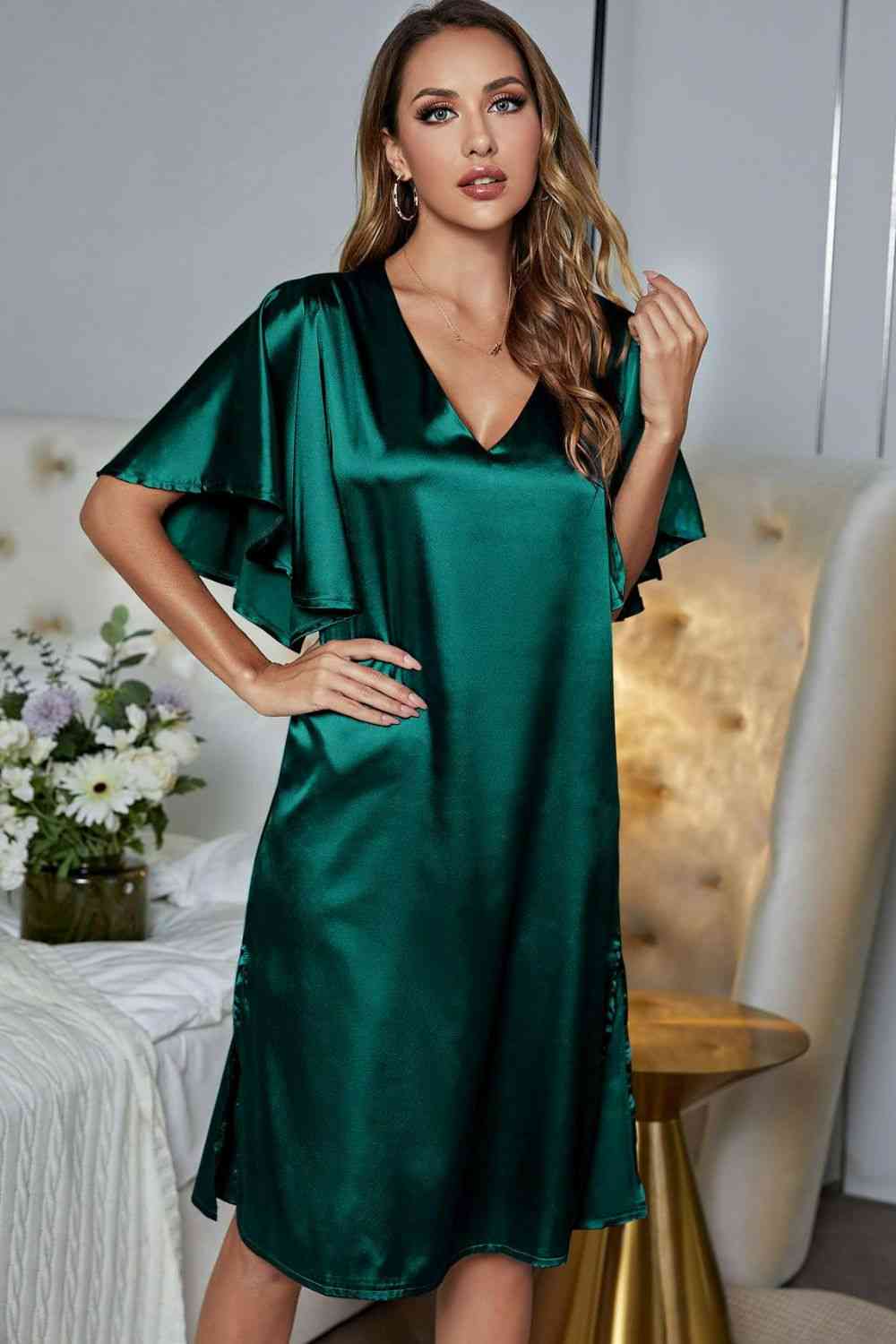 Model wearing green knee length nightgown