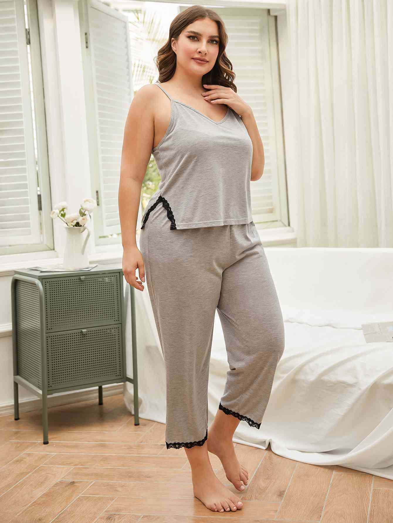 Model wearing gray spaghetti strap pajama set