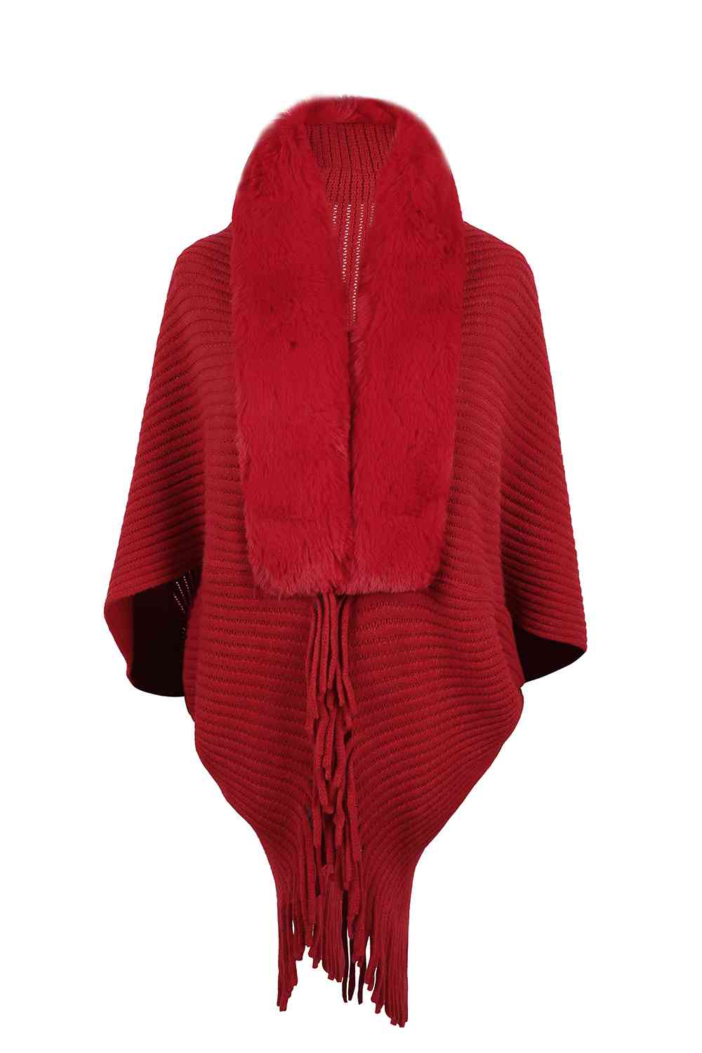 Red open front poncho with fringe and faux fur trim