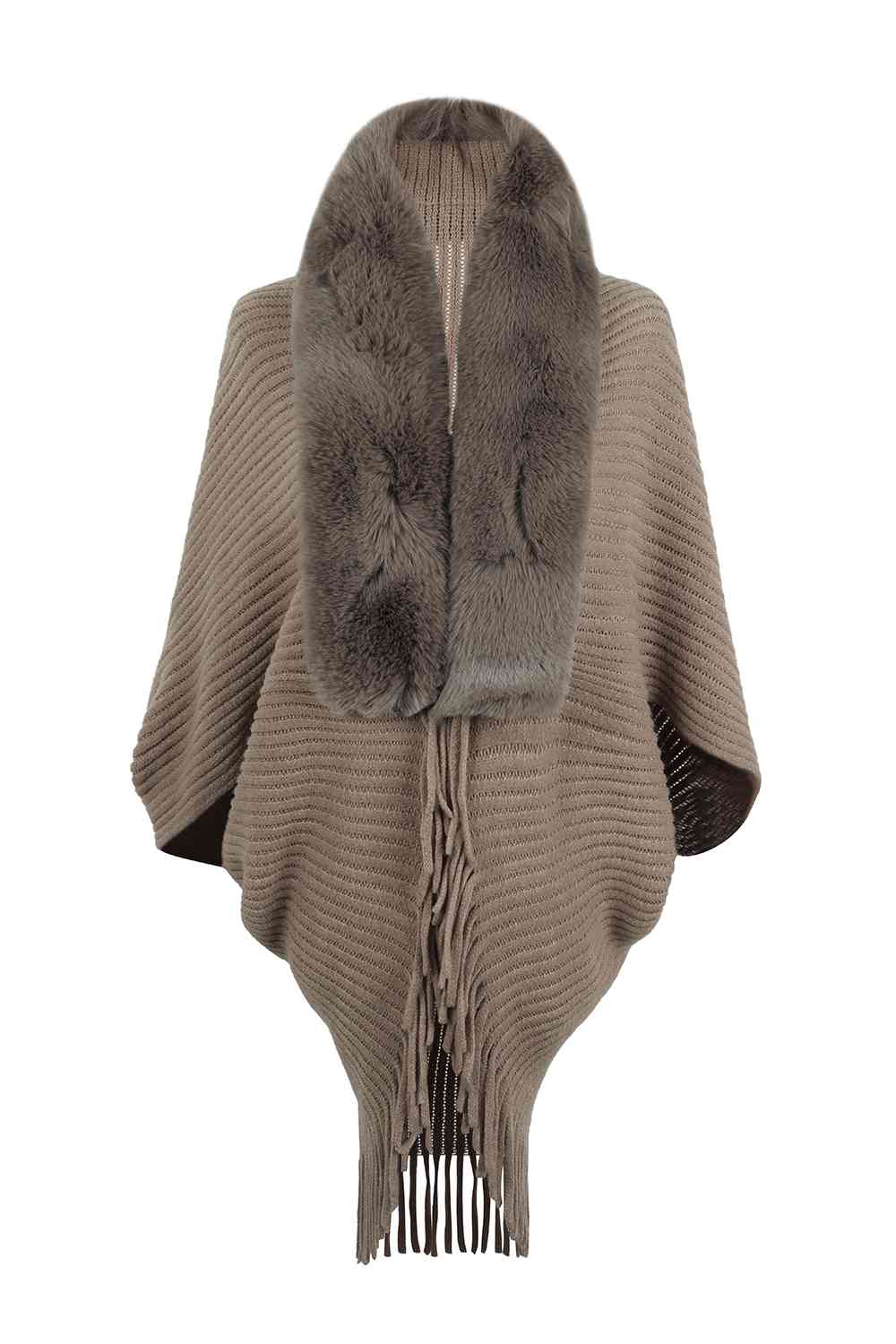 Chocolate open front poncho with fringe and faux fur trim
