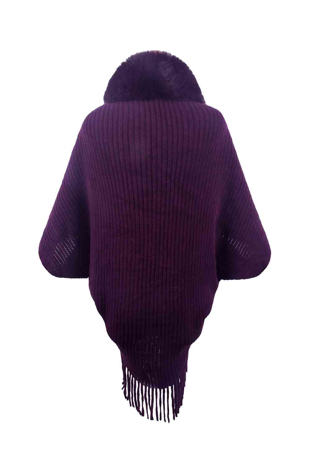 Back of purple open front poncho with fringe and faux fur trim
