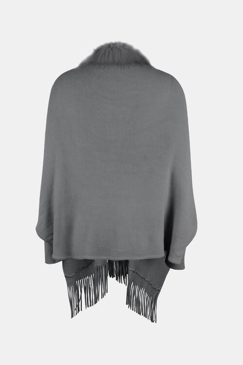 Back of fur trimmed open front poncho in charcoal
