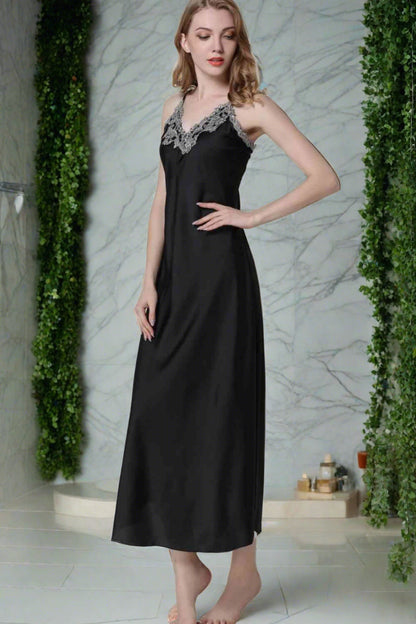Model wearing black nightgown with lace trim