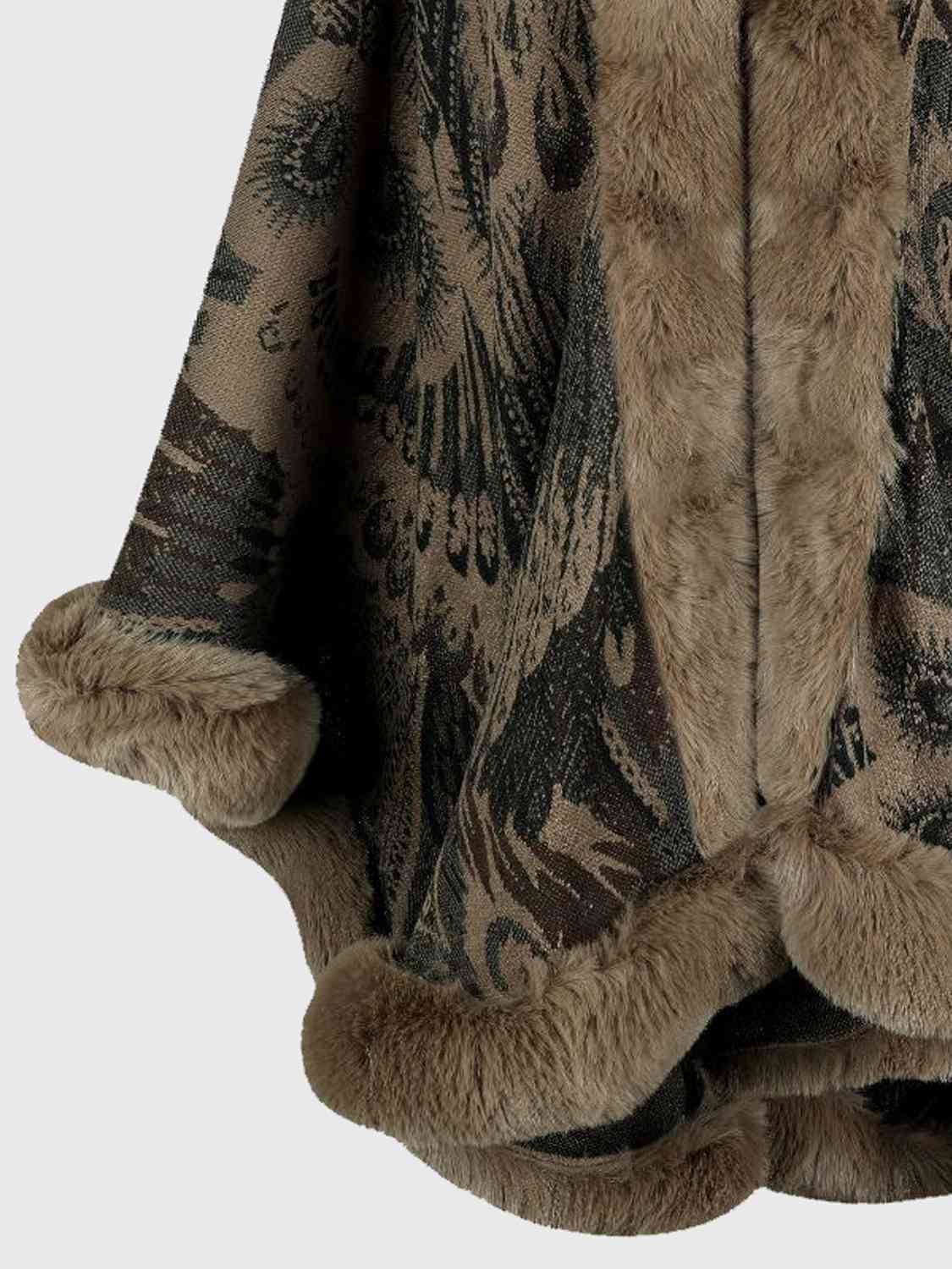 closer view of Printed open front poncho with faux fur trim