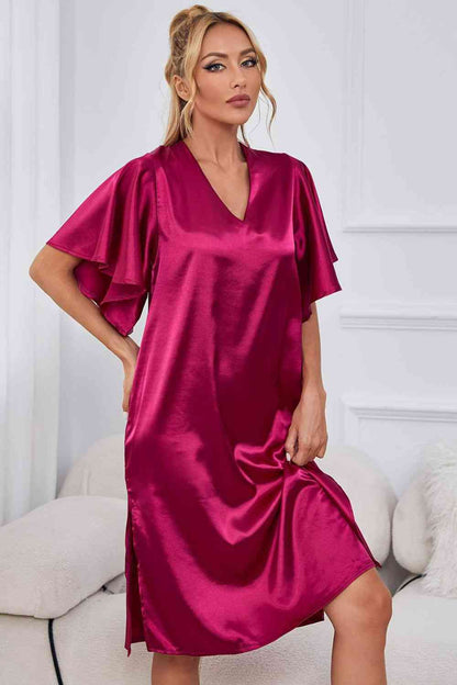 Model wearing pink knee length nightgown