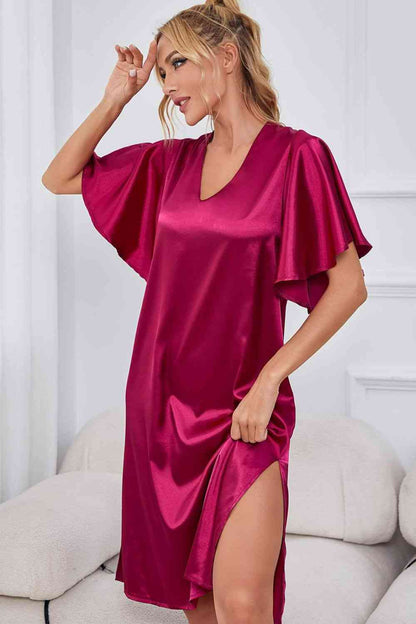 Model wearing pink knee length nightgown