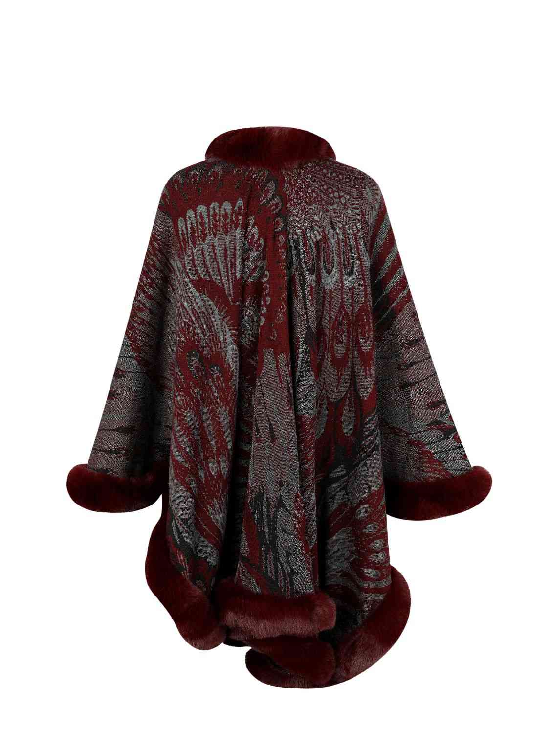 back of printed open front poncho with faux fur trim