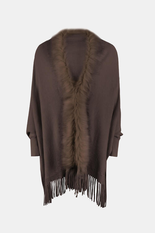 Fur trimmed open front poncho in chocolate