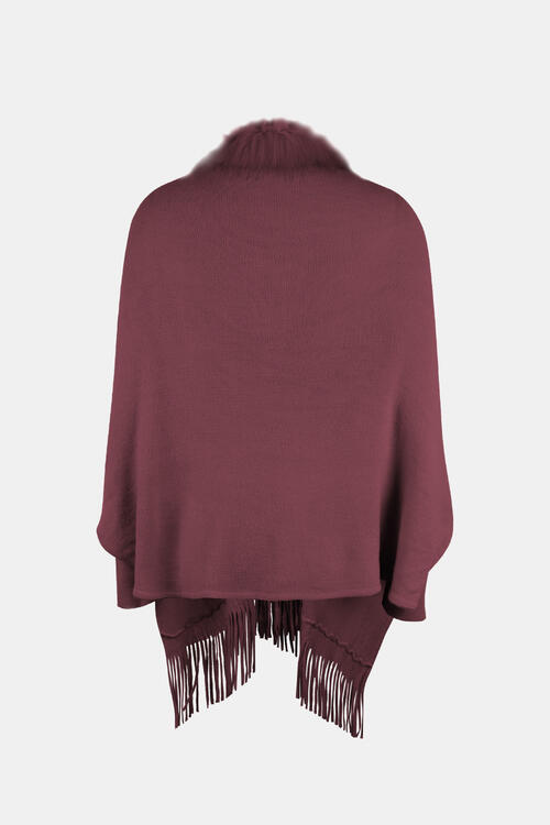Back of fur trimmed open front poncho in wine