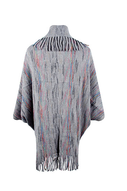 Back of Charcoal open front fringe poncho