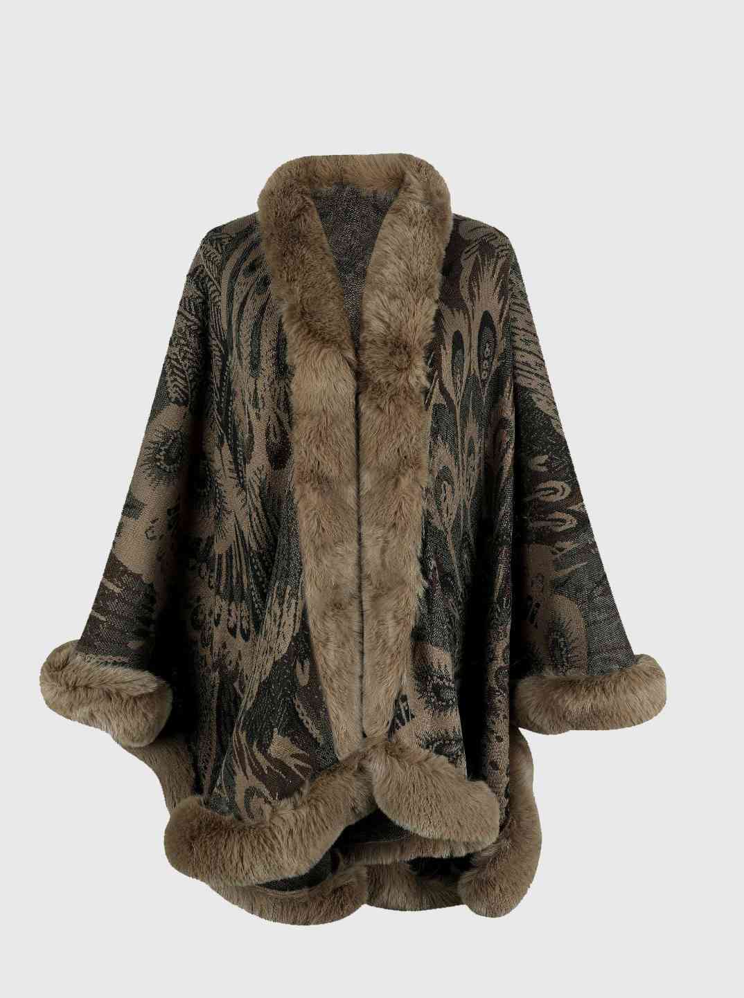closer view of printed open front poncho with faux fur trim
