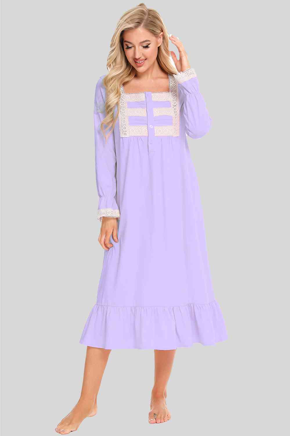 Model wearing traditional long sleeve lavender nightgown