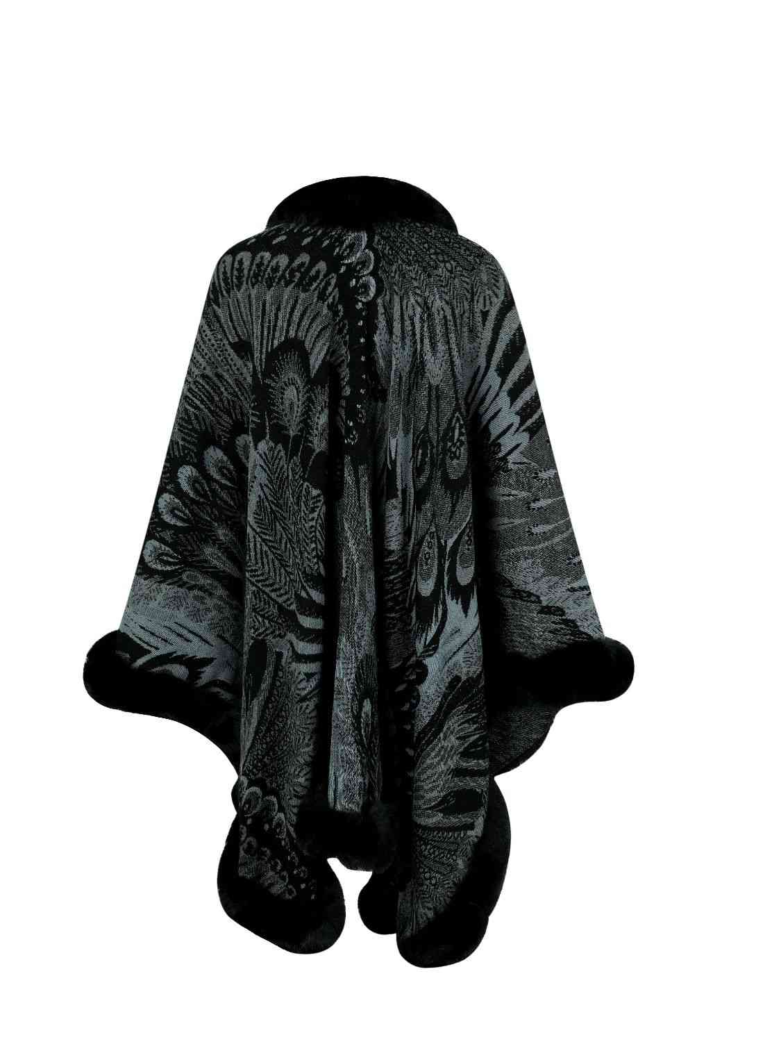 back of Printed open front poncho with faux fur trim