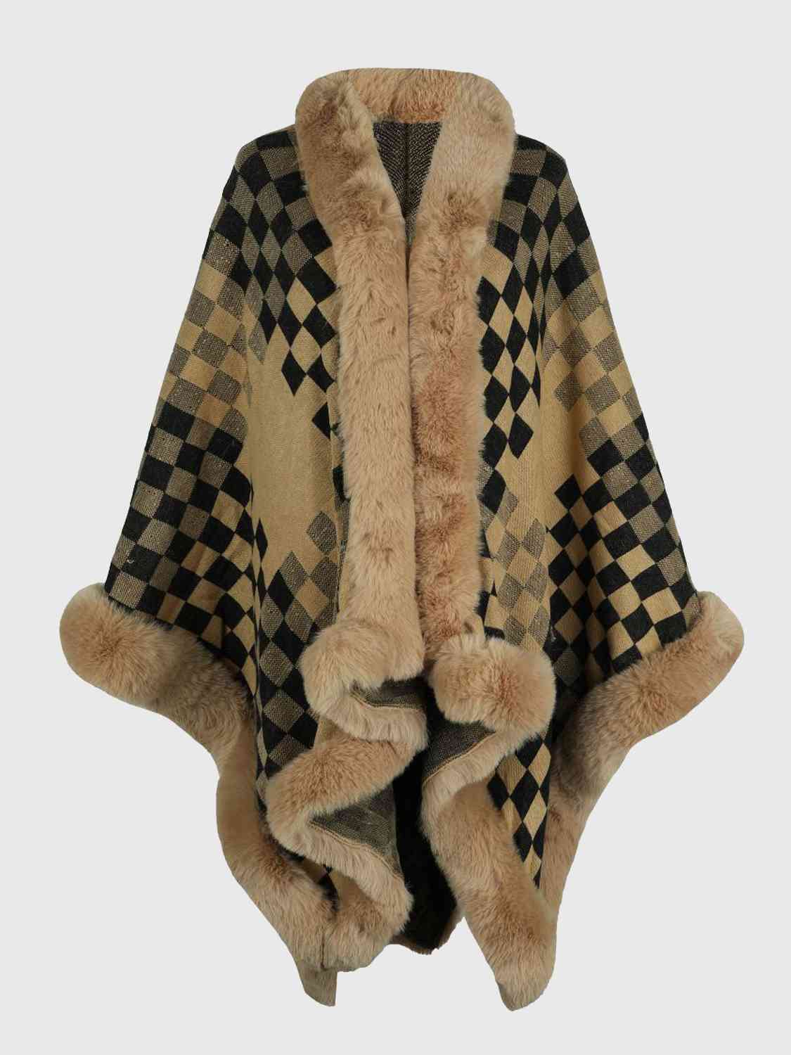 checkered poncho with faux fur trim