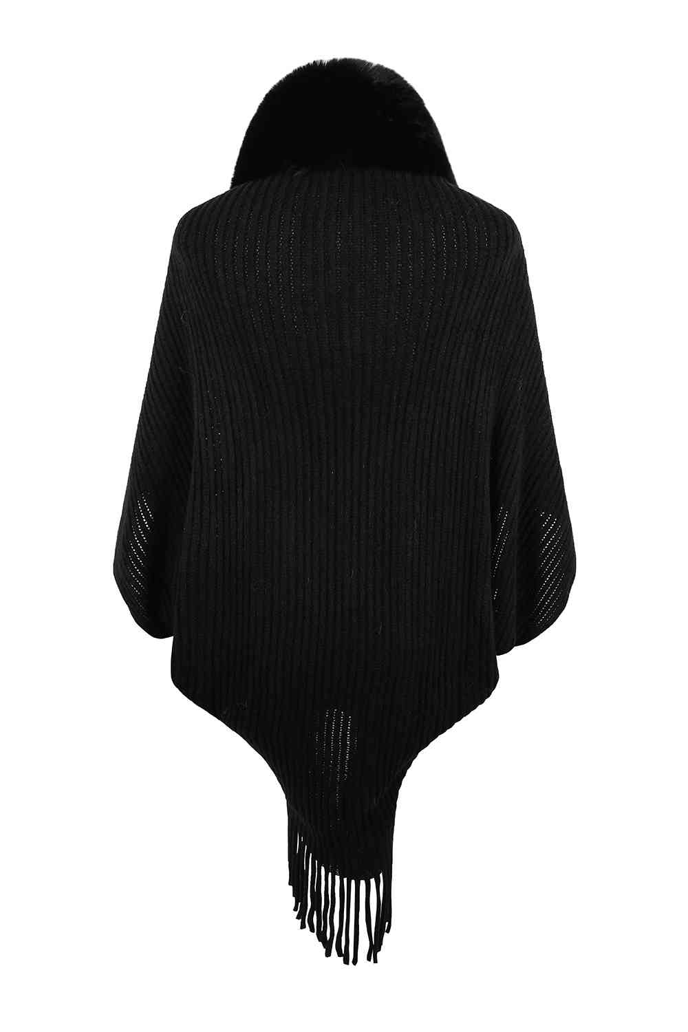 Back of black open front poncho with fringe and faux fur trim