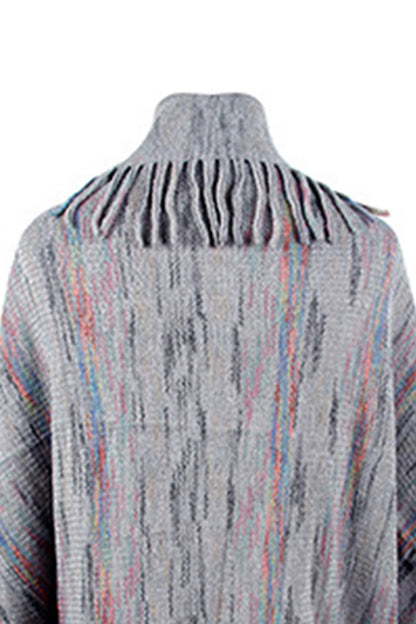 Close up back of charcoal open front fringe poncho