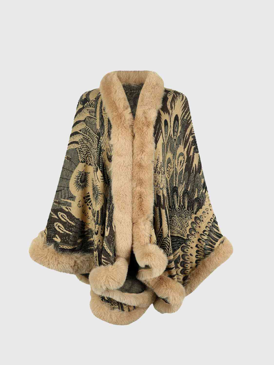 Printed open front poncho with faux fur trim