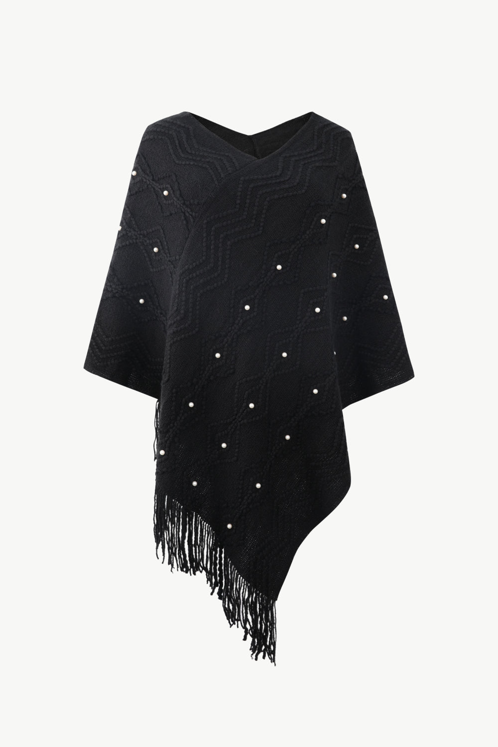 Black poncho with faux pearl and fringe trim
