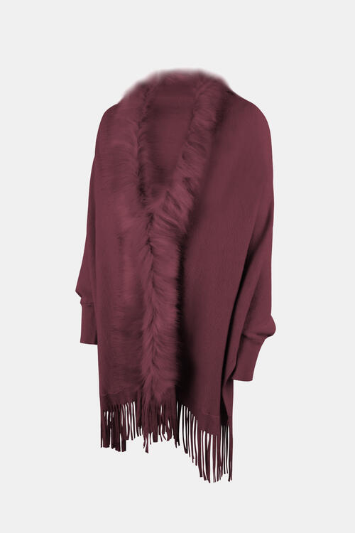 Fur trimmed open front poncho in wine