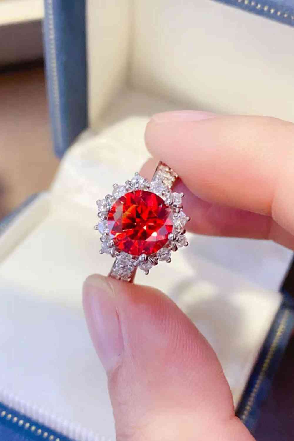 2 carat red moissanite sterling silver ring