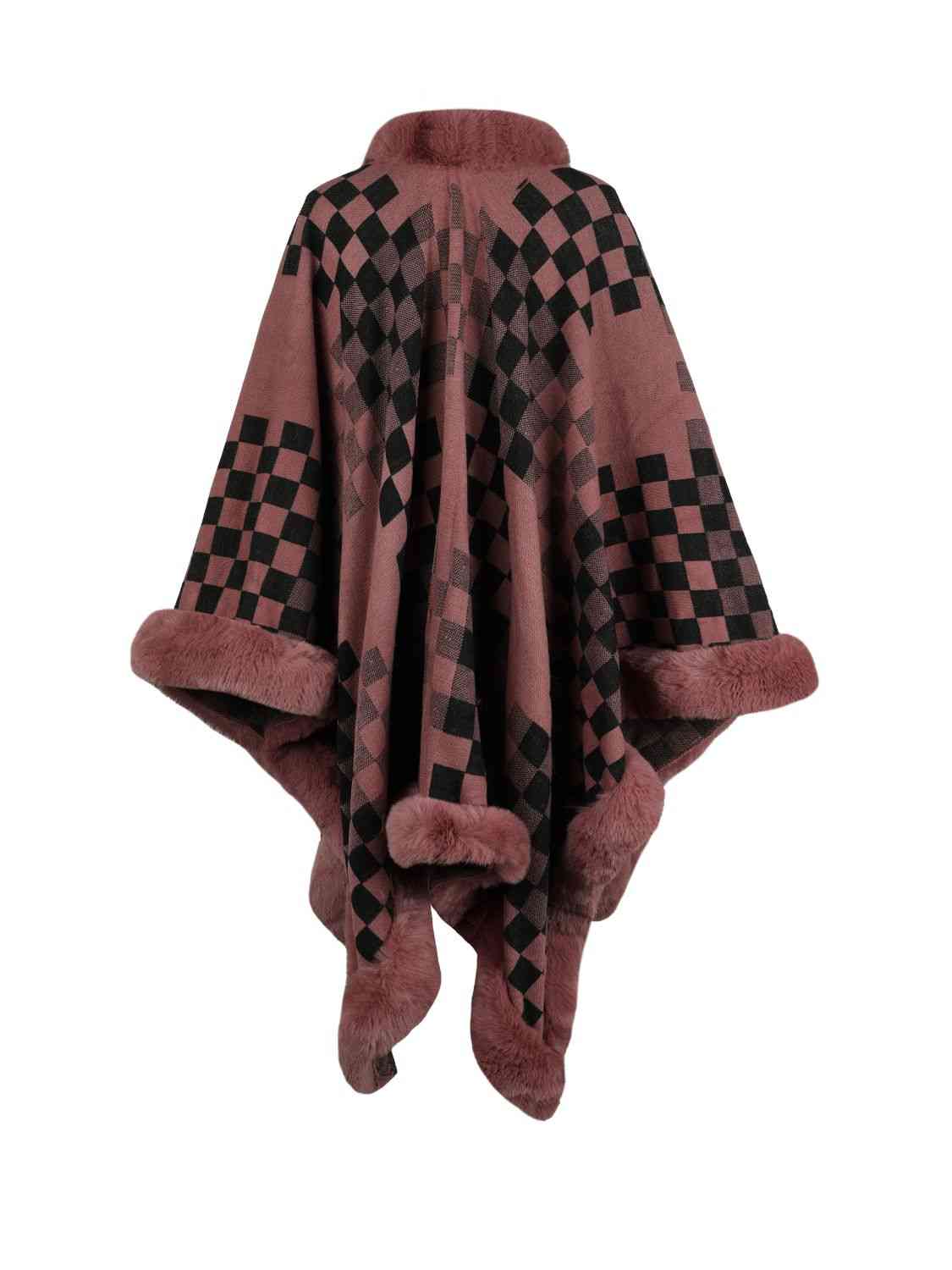 back of checkered poncho with faux fur trim