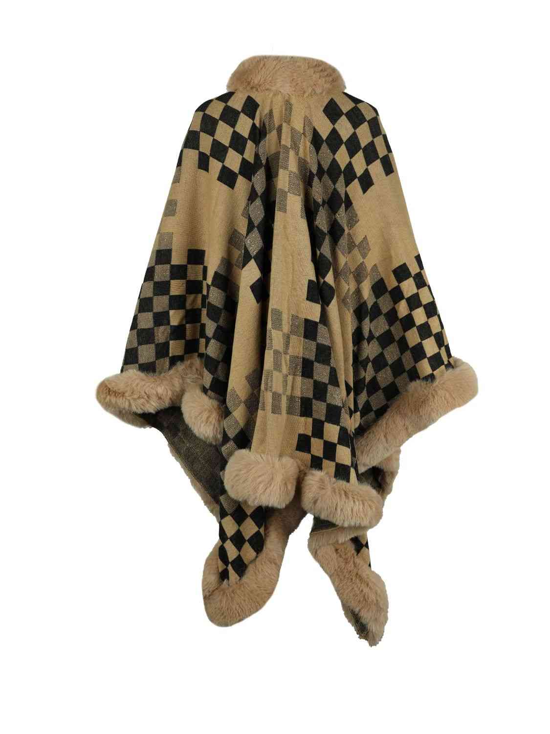 back of checkered poncho with faux fur trim