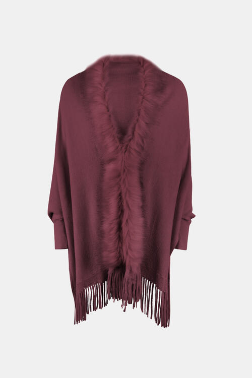 Fur trimmed open front poncho in wine