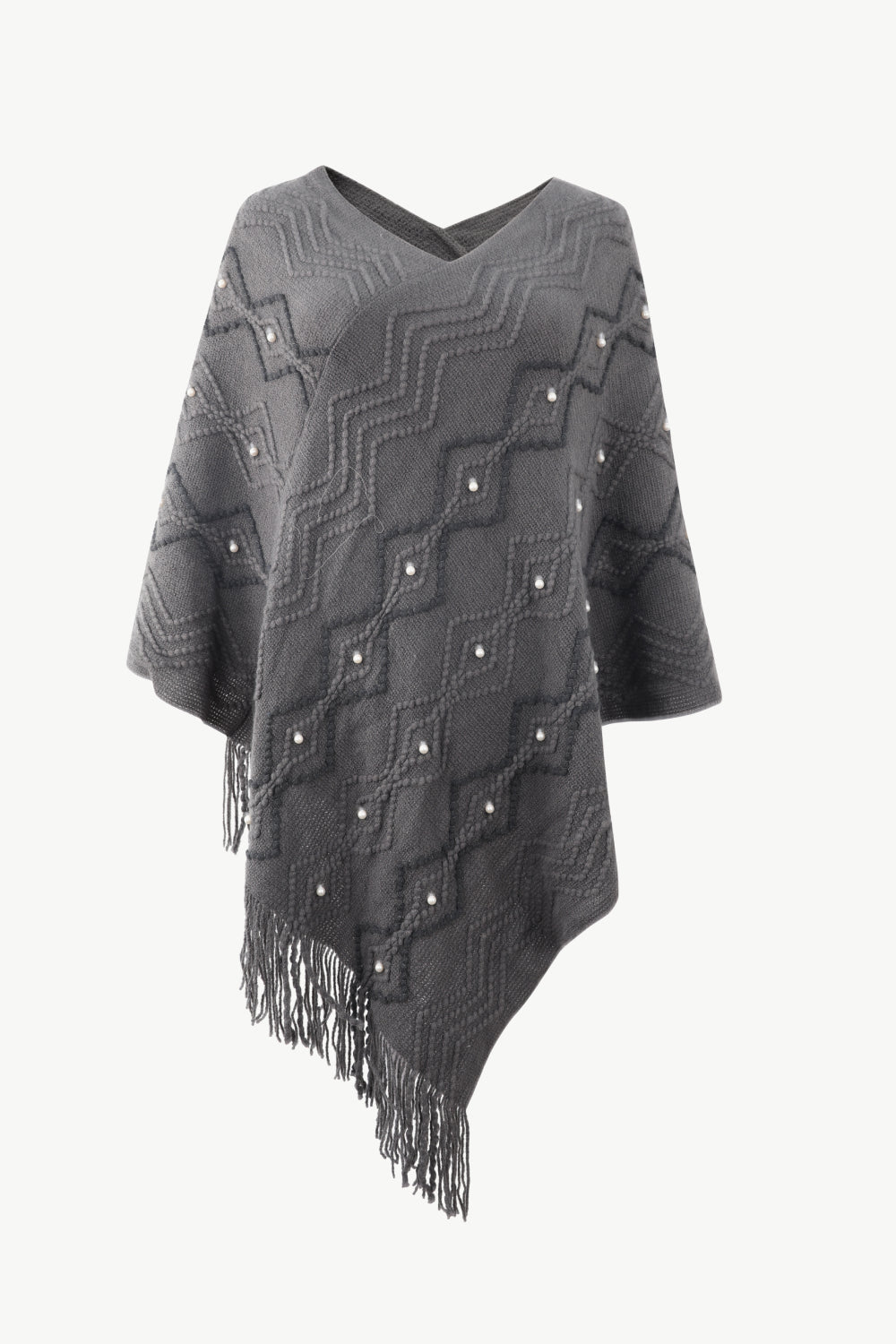 Gray poncho with faux pearl and fringe trim
