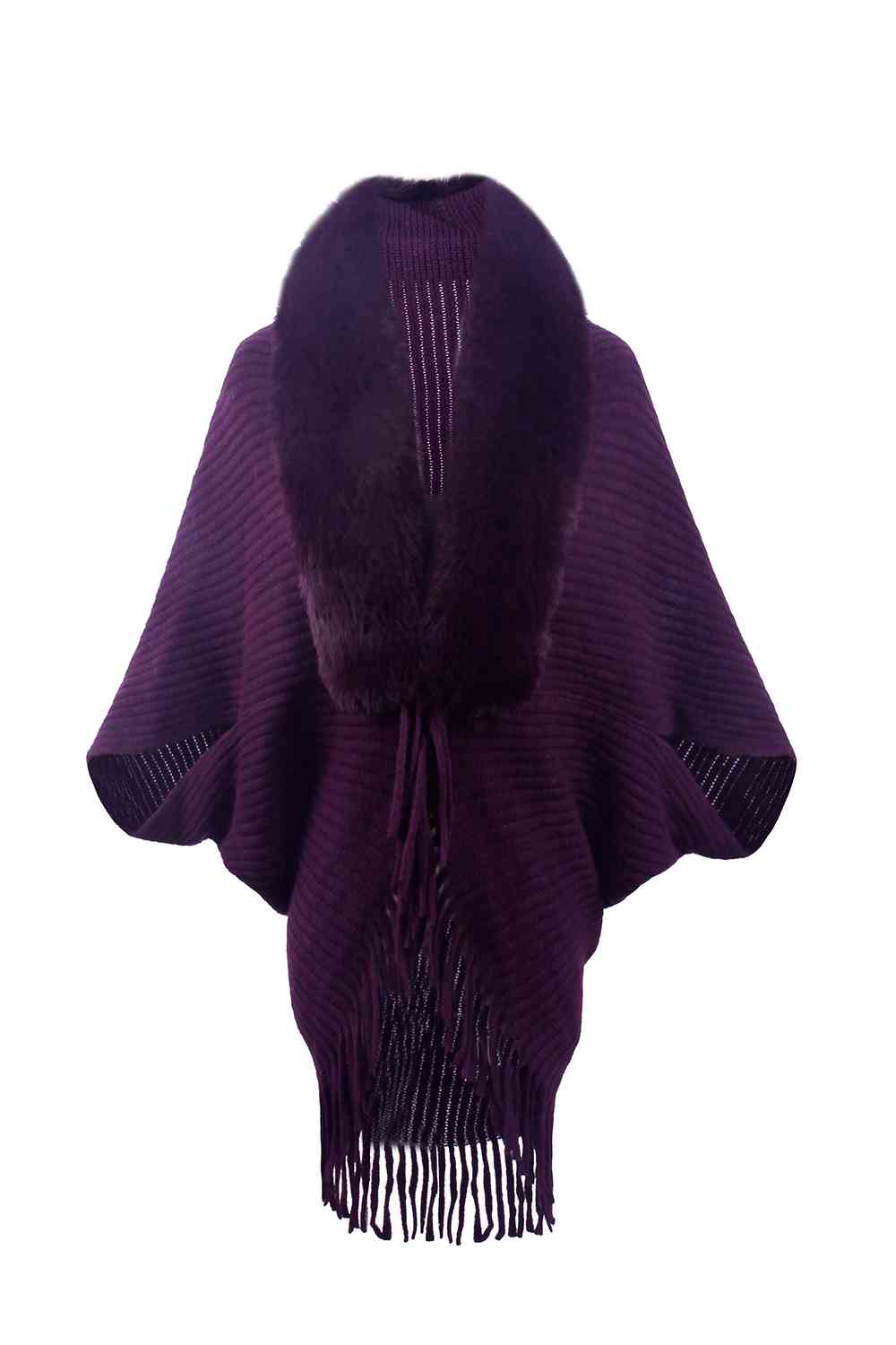 Purple open front poncho with fringe and faux fur trim