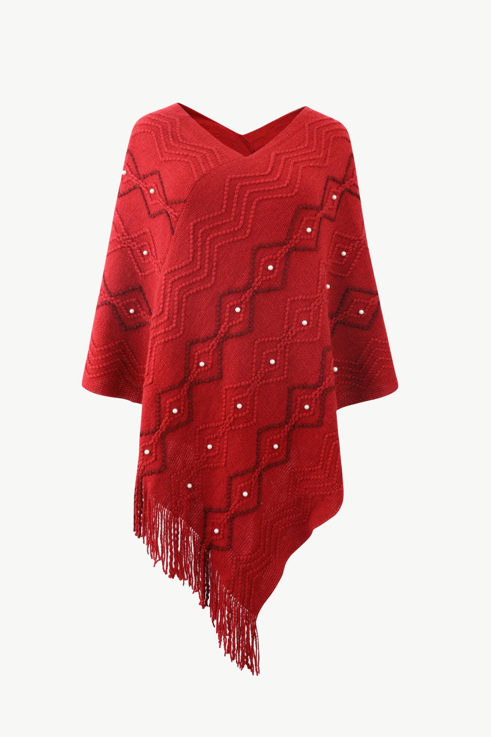 Red poncho with faux pearl and fringe trim