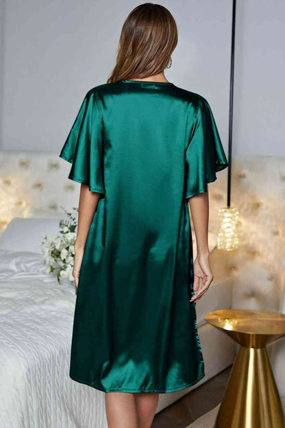 back of Model wearing green knee length nightgown