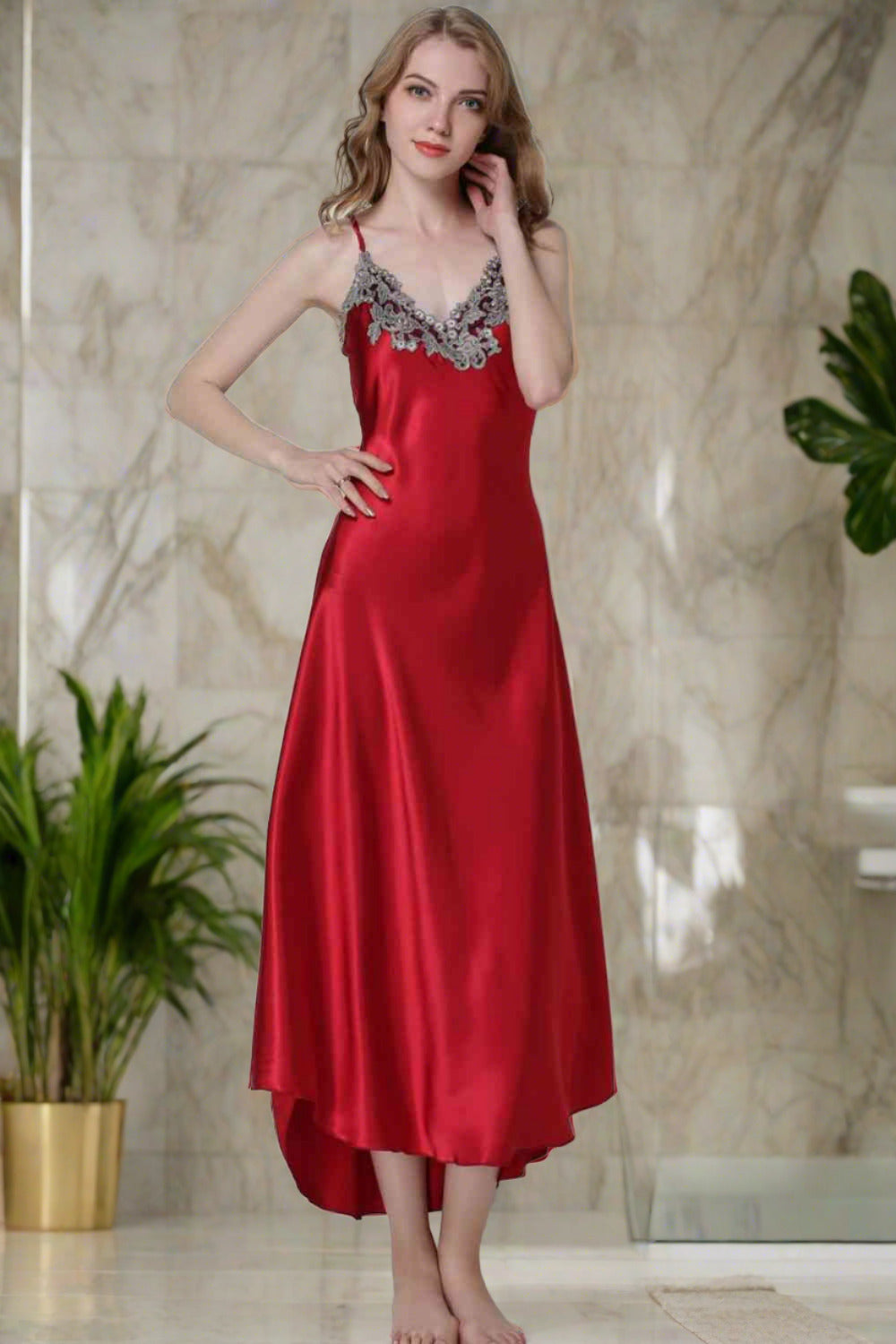 Model wearing red nightgown with lace trim