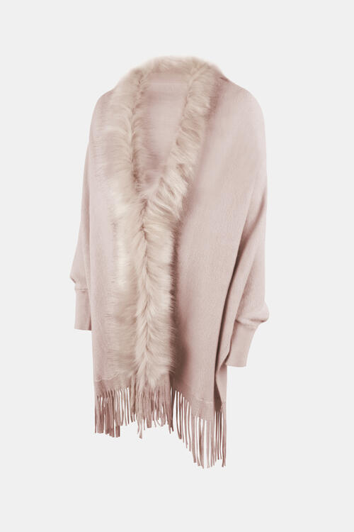 Fur trimmed open front poncho in pink