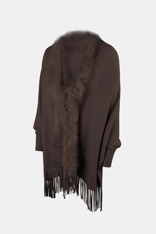 Fur trimmed open front poncho in chocolate