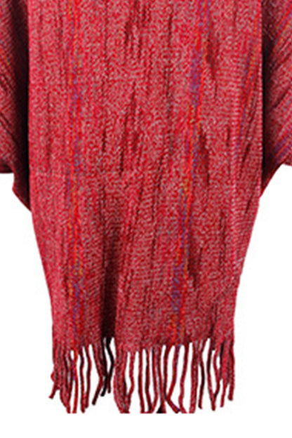 Close up of wine color open front fringe poncho