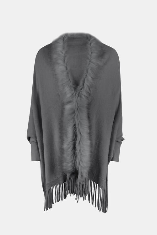 Fur trimmed open front poncho in charcoal